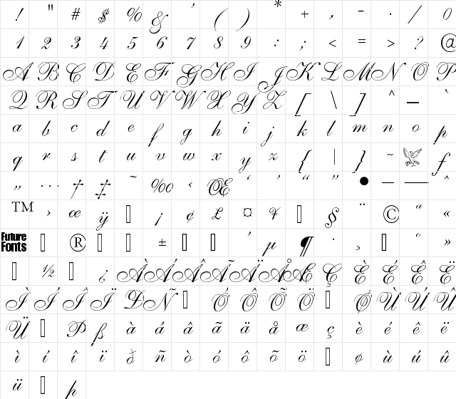 Sensibility 101 Ext Regular  glyph index