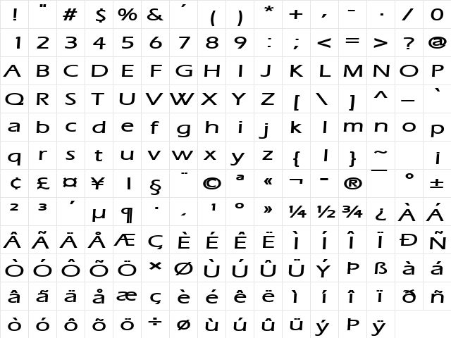 Eric Extended Bold  glyph index