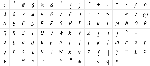 OfficinaSansBookOSC Italic  glyph index