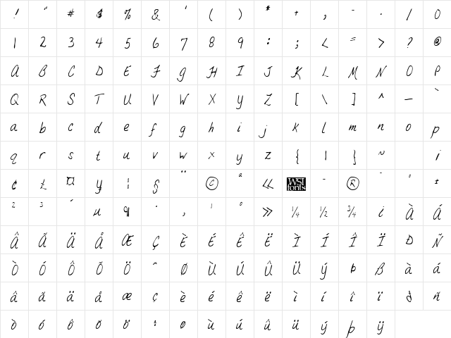 BrandysHand Regular  glyph index