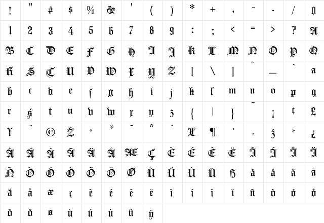 Konigsburg Regular  glyph index
