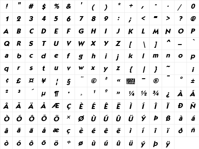 KabobExtrabold Italic  glyph index