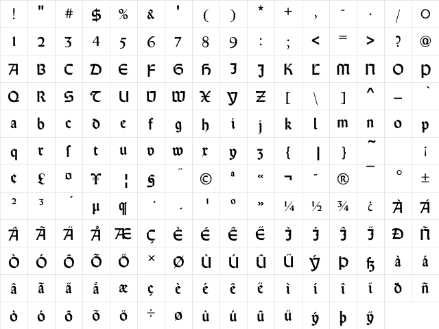WeissRunAntD Regular  glyph index