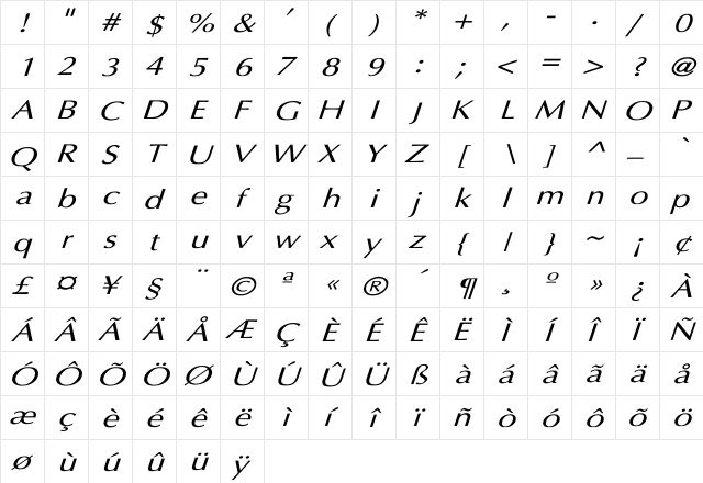 Optima Italic Wd Italic Italic  glyph index