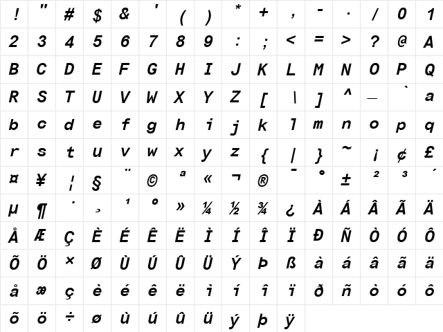 Arial Monospaced MT Italic  glyph index