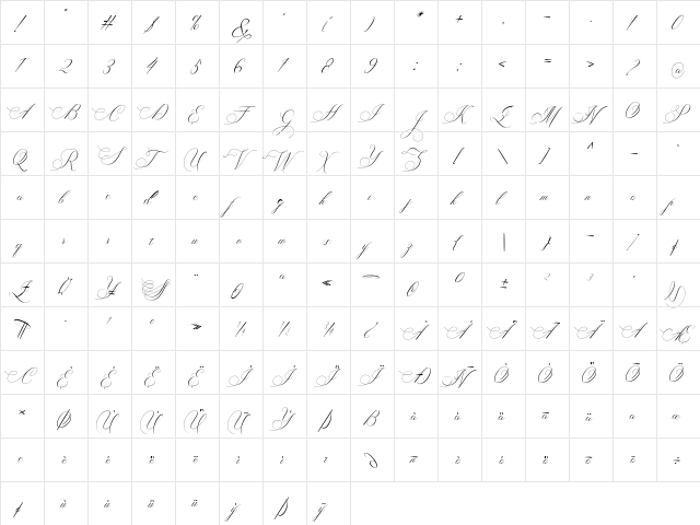 Aureligena Script Regular  glyph index
