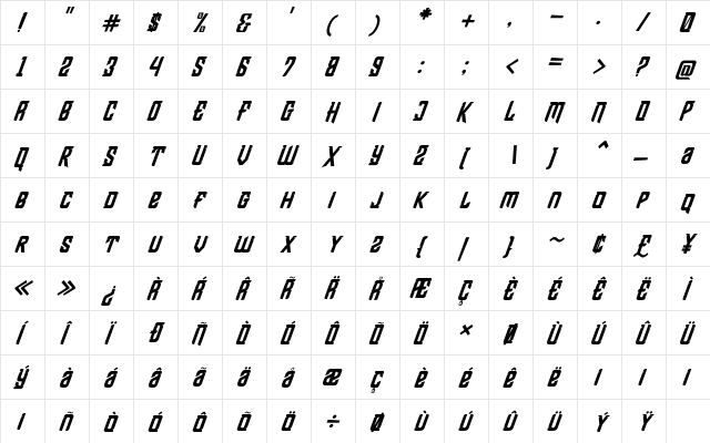 Shean Holmes Italic Regular  glyph index