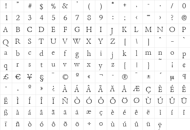 JoshuaBecker-ExtraLight Regular  glyph index