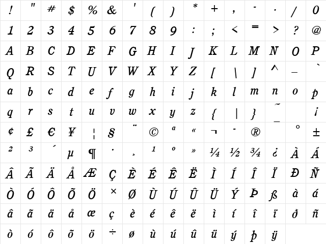 Calgary-Medium Italic  glyph index