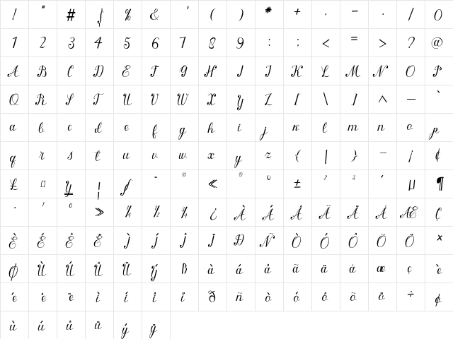 queenly Regular  glyph index