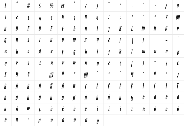 Daela Italic  glyph index