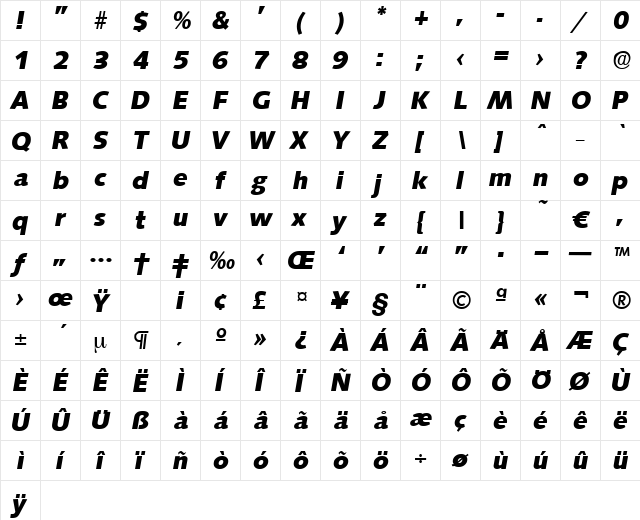 Saxony-BoldIta Regular  glyph index