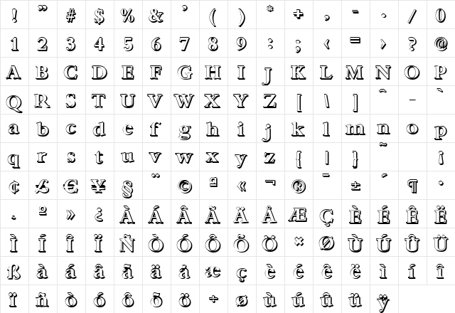 AndrewBeckerShadow Bold  glyph index