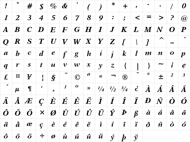 Dutch 823 Bold Italic  glyph index