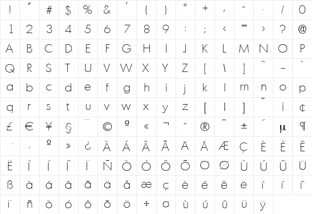IvanBecker-ExtraLight Regular  glyph index