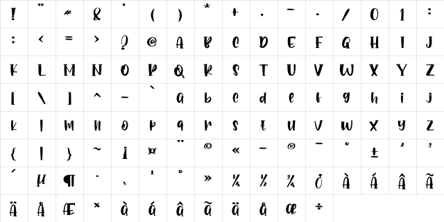 Eiffel Shine Regular  glyph index