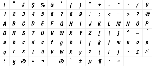 HeliosCondC Bold Italic  glyph index
