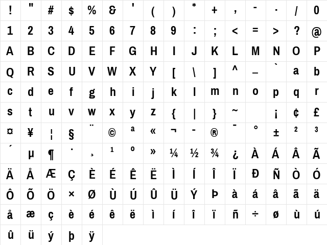 Archivo Narrow Bold  glyph index