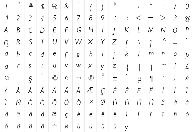 Gill Sans BQ Regular  glyph index