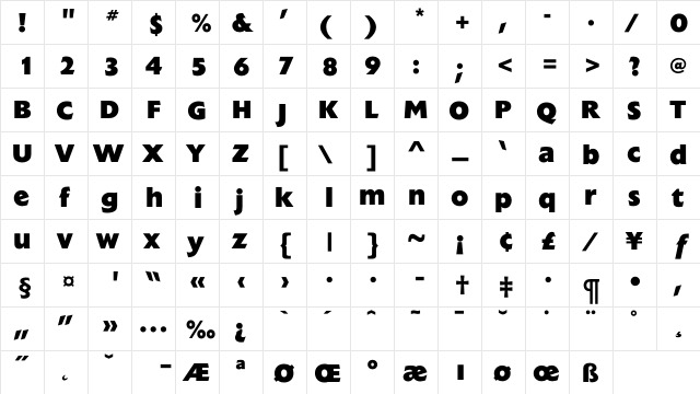 ExtensionExtraBold Regular  glyph index
