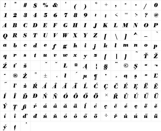 BodoniAntTEE Bold Italic  glyph index