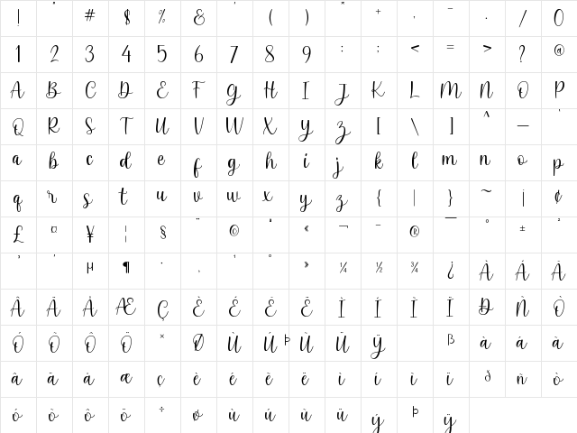 Beloving Regular  glyph index