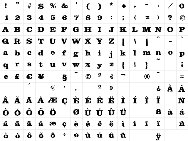 ClareRandom-Heavy Regular  glyph index