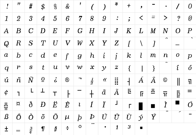 Lettermann SemiBld-Ital Regular  glyph index