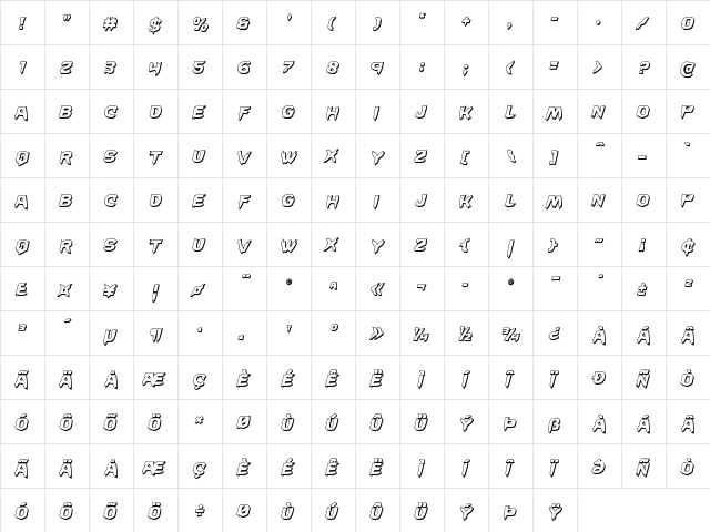 Wicker Man 3D Italic Italic  glyph index