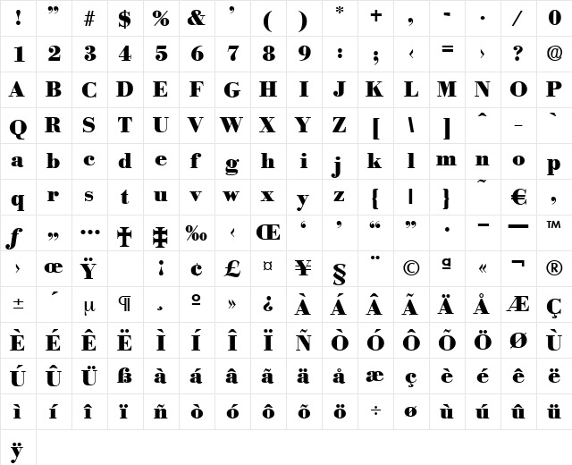 Bodoxi-ExtraBold Regular  glyph index