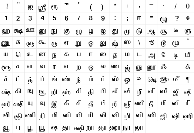 VANAVIL-Avvaiyar Normal  glyph index