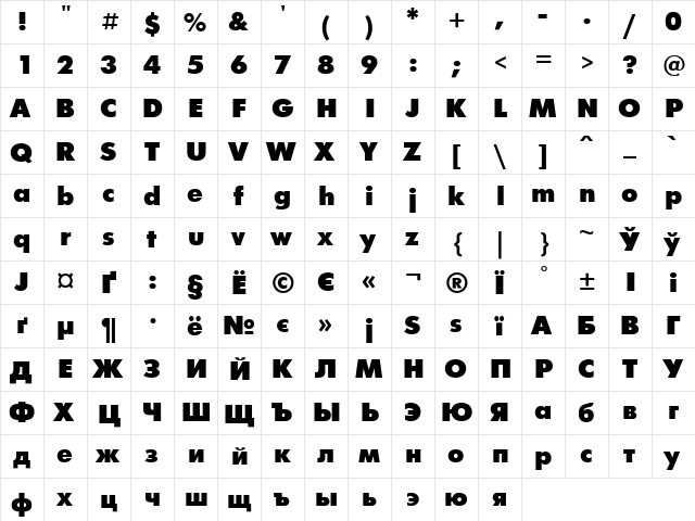 UkrainianFuturisExtra Bold  glyph index