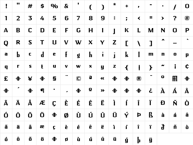 Pilsner Bold  glyph index