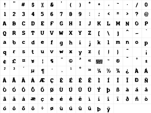 Acck Regular  glyph index