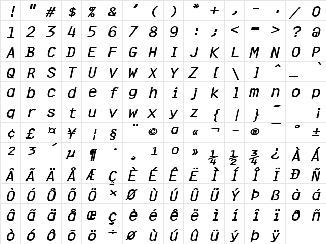 Clean-Extended Bold Italic  glyph index