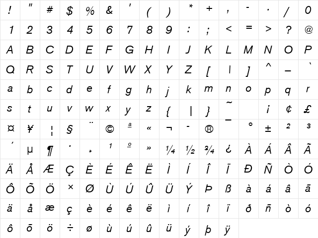 URWAccidaliaT Italic  glyph index