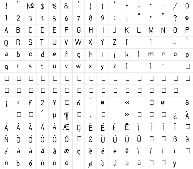 TemplateGothic Medium  glyph index
