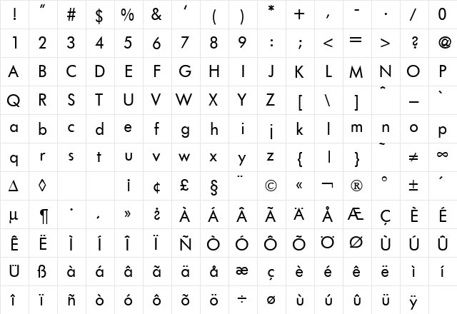 FunctionTwo Regular  glyph index