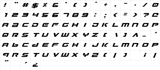 Gunship Italic Italic  glyph index