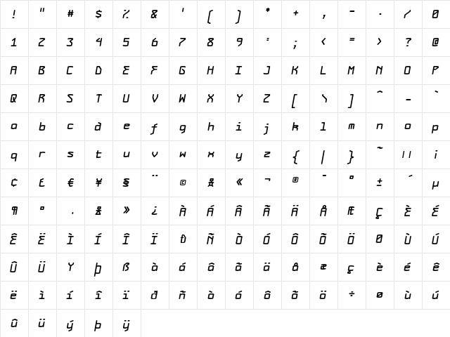 MonolithBold Italic  glyph index