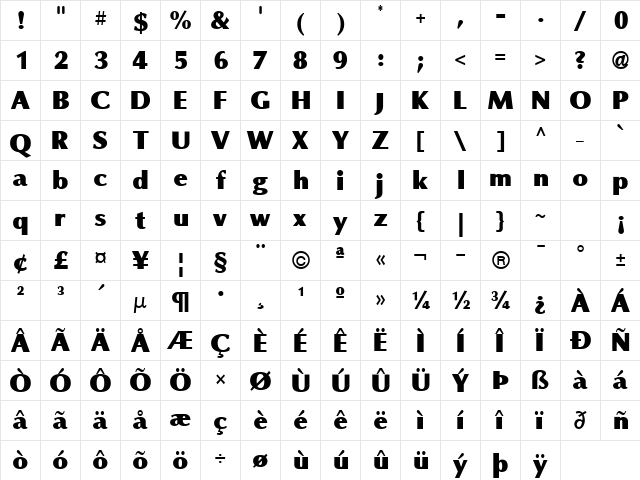 Omni Black Regular  glyph index