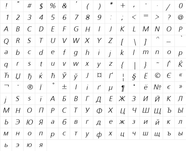 FreeSetC Italic  glyph index