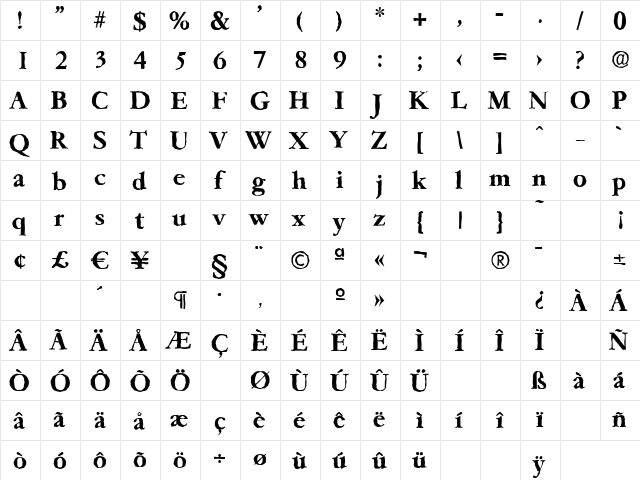 GarfeldAntique Bold  glyph index