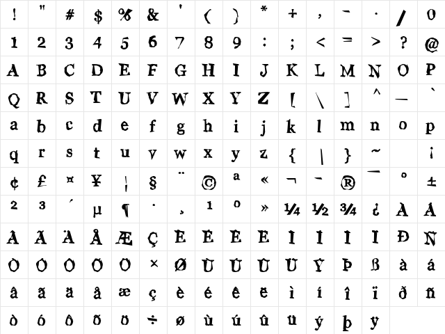 Wiggly Regular  glyph index