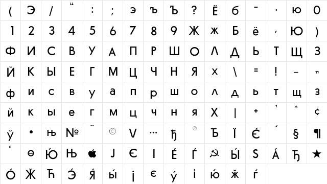 GlasnostDemibold Regular  glyph index