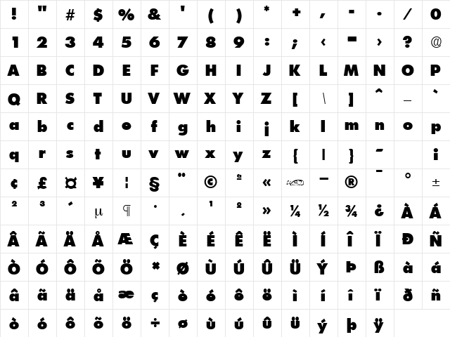 Futurist ExtraHeavy Regular  glyph index