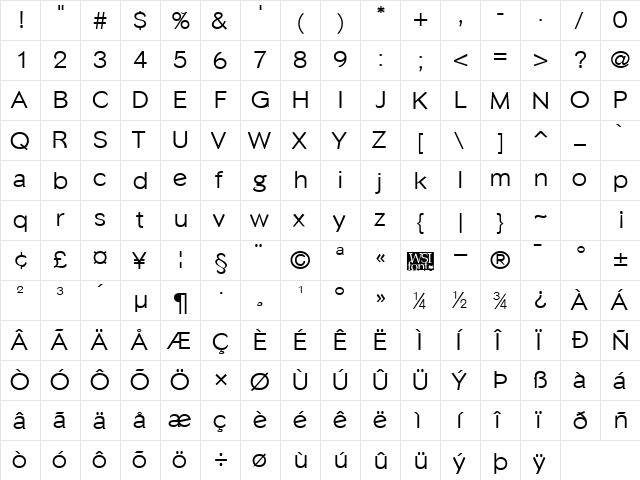 Phinster Regular  glyph index