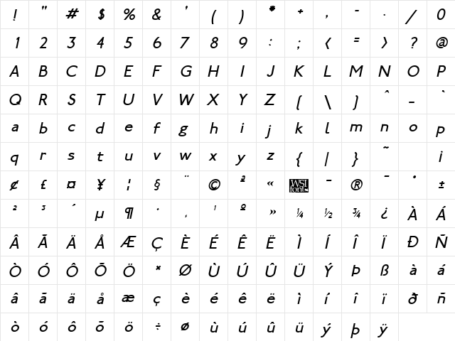 SubwayLondon Italic  glyph index
