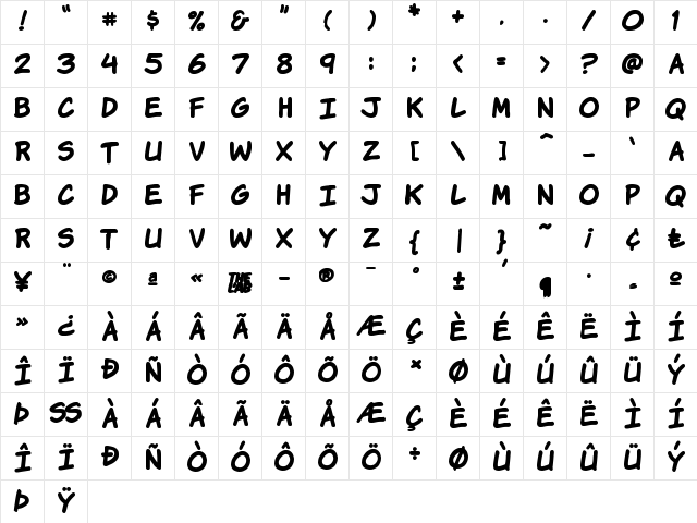 Komika Hand Bold  glyph index