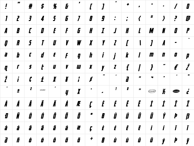 Captain Canaveral Italic Italic  glyph index